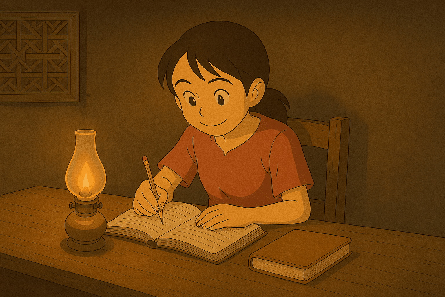 Sopheak studying by lamp light